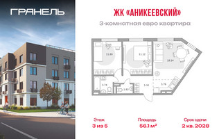 Планировка трехкомнатной(квартира) площадью 56.1 квадратных метров в “ЖК Аникеевский”