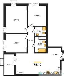 Планировка трехкомнатной(квартира) площадью 78.4 квадратных метров в ЖК “ЖК Прокшино”