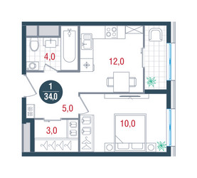 Планировка однокомнатной(квартира) площадью 34 квадратных метров в ЖК “ЖК РУСИЧ-Кантемировский”