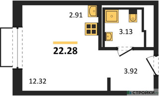Планировка студии(квартира) площадью 22.28 квадратных метров в “ЖК Новое Внуково”