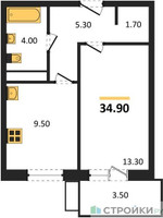 Планировка однокомнатной(квартира) площадью 34.9 квадратных метров в “Павлово 3”