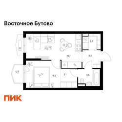 Планировка однокомнатной(квартира) площадью 38 квадратных метров в ЖК “ЖК Восточное Бутово”