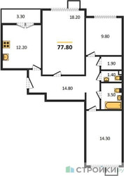 Планировка трехкомнатной(квартира) площадью 77.8 квадратных метров в ЖК “ЖК 1-й Ленинградский (Первый Ленинградский)”