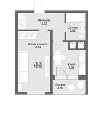 Планировка однокомнатной(квартира) площадью 33 квадратных метров в ЖК “ЖК Клевер”