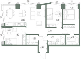 Планировка трехкомнатной(квартира) площадью 89.9 квадратных метров в “ЖК Северный порт. Береговые кварталы”
