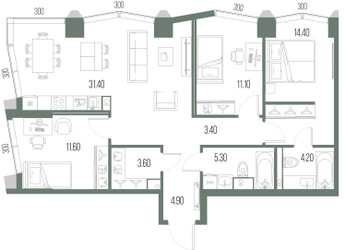 Планировка трехкомнатной(квартира) площадью 89.9 квадратных метров в ЖК “ЖК Северный порт. Береговые кварталы”