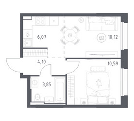 Планировка однокомнатной(квартира) площадью 34.73 квадратных метров в ЖК “ЖК Квартал Строгино”