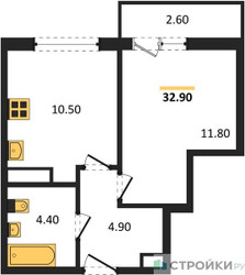 Планировка однокомнатной(квартира) площадью 32.9 квадратных метров в ЖК “ЖК Бунинские кварталы”