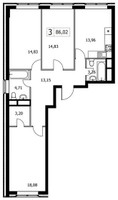 Планировка трехкомнатной(квартира) площадью 86.02 квадратных метров в “ЖК Городские Истории”
