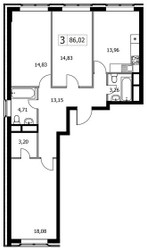 Планировка трехкомнатной(квартира) площадью 86.02 квадратных метров в ЖК “ЖК Городские Истории”