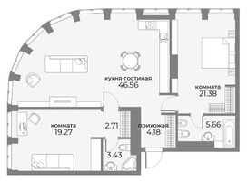 Планировка трехкомнатной(апартаменты) площадью 106.8 квадратных метров в “ЖК Sky View (Скай Вью)”