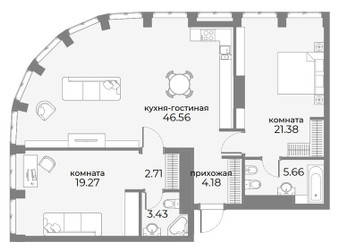 Планировка трехкомнатной(апартаменты) площадью 106.8 квадратных метров в ЖК “ЖК Sky View (Скай Вью)”