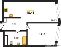 Планировка однокомнатной(квартира) площадью 45.46 квадратных метров в “UNO Горбунова”