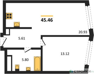 Планировка однокомнатной(квартира) площадью 45.46 квадратных метров в ЖК “UNO Горбунова”