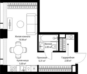 Планировка студии(квартира) площадью 31.91 квадратных метров в ЖК “ЖК Веер”
