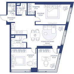 Планировка трехкомнатной(квартира) площадью 74.4 квадратных метров в ЖК “ЖК Свет”