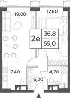 Планировка двухкомнатной(квартира) площадью 55 квадратных метров в “ЖК Will Towers (Вилл Тауэрс)”