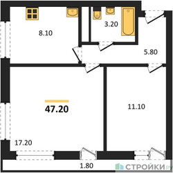 Планировка двухкомнатной(квартира) площадью 47.2 квадратных метров в ЖК “ЖК Южная Долина”