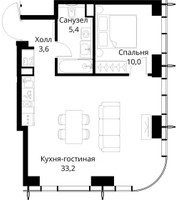 Планировка однокомнатной(квартира) площадью 52.2 квадратных метров в “ЖК Сити Бэй”
