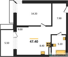 Планировка однокомнатной(квартира) площадью 47.4 квадратных метров в “ЖК Дзен-кварталы”