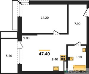 Планировка однокомнатной(квартира) площадью 47.4 квадратных метров в ЖК “ЖК Дзен-кварталы”
