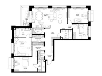 Планировка 4+ комнатной(квартира) площадью 141.65 квадратных метров в ЖК “Архитектурный проект Мыс”