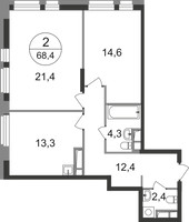 Планировка двухкомнатной(квартира) площадью 68.4 квадратных метров в “ЖК Первый Московский”