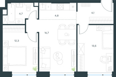 Планировка трехкомнатной(квартира) площадью 58.1 квадратных метров в ЖК “ЖК Левел Мичуринский”