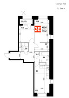 Планировка трехкомнатной(квартира) площадью 75.2 квадратных метров в “ЖК Мытищи Сити”