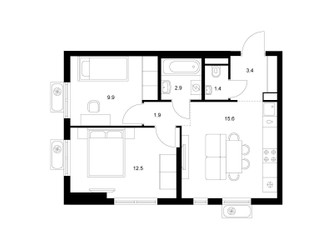 Планировка двухкомнатной(квартира) площадью 47.6 квадратных метров в ЖК “ЖК Яуза Парк (Мытищи)”