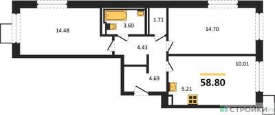 Планировка двухкомнатной(квартира) площадью 58.8 квадратных метров в ЖК “ЖК Квартал Герцена”