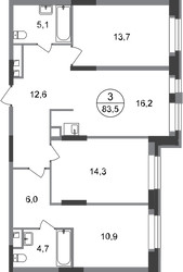Планировка трехкомнатной(квартира) площадью 83.5 квадратных метров в ЖК “ЖК Первый Московский”