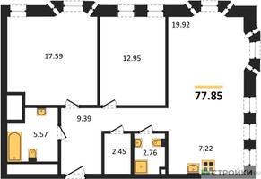 Планировка двухкомнатной(квартира) площадью 79 квадратных метров в “ЖК GloraX Premium Белорусская (Глоракс Премиум)”