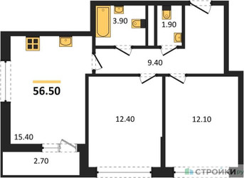 Планировка двухкомнатной(квартира) площадью 56.5 квадратных метров в ЖК “ЖК Родные кварталы”
