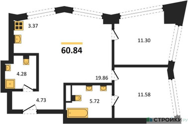 Планировка двухкомнатной(квартира) площадью 60.84 квадратных метров в ЖК “UNO Горбунова”