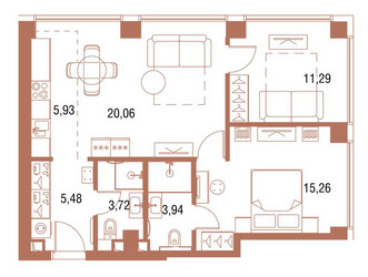Планировка двухкомнатной(квартира) площадью 66.2 квадратных метров в ЖК “ЖК Симфония 34”
