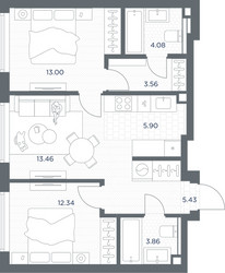 Планировка двухкомнатной(квартира) площадью 61.66 квадратных метров в ЖК “ЖК TATE (Тэйт)”