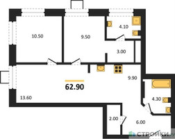 Планировка двухкомнатной(квартира) площадью 62.9 квадратных метров в “ЖК Новые смыслы”