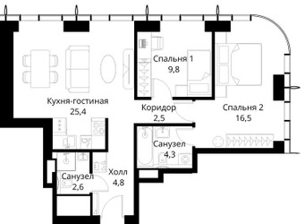Планировка двухкомнатной(квартира) площадью 65.9 квадратных метров в ЖК “ЖК Сити Бэй”
