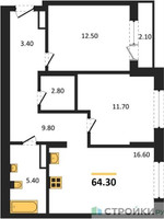 Планировка двухкомнатной(квартира) площадью 64.3 квадратных метров в “ЖК Первый квартал”