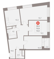 Планировка трехкомнатной(квартира) площадью 72 квадратных метров в “ЖК Отлично”
