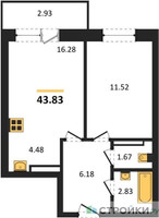 Планировка однокомнатной(квартира) площадью 43.83 квадратных метров в “Зеленый Оазис - Город”