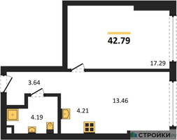 Планировка однокомнатной(квартира) площадью 42.79 квадратных метров в “ЖК Солос”