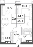 Планировка двухкомнатной(квартира) площадью 55.4 квадратных метров в “ЖК Will Towers (Вилл Тауэрс)”