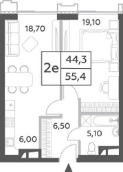 Планировка двухкомнатной(квартира) площадью 55.4 квадратных метров в ЖК “ЖК Will Towers (Вилл Тауэрс)”