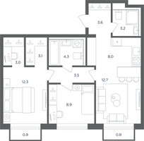 Планировка трехкомнатной(квартира) площадью 63.2 квадратных метров в “ЖК Равновесие”