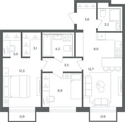 Планировка трехкомнатной(квартира) площадью 63.2 квадратных метров в ЖК “ЖК Равновесие”