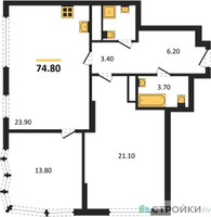 Планировка двухкомнатной(квартира) площадью 74 квадратных метров в “Жилой район Alia (Алиа)”