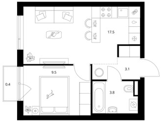 Планировка однокомнатной(квартира) площадью 34.3 квадратных метров в ЖК “ЖК Лосиноостровский парк”