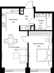 Планировка однокомнатной(квартира) площадью 47.68 квадратных метров в ЖК “ЖК Сити Бэй”